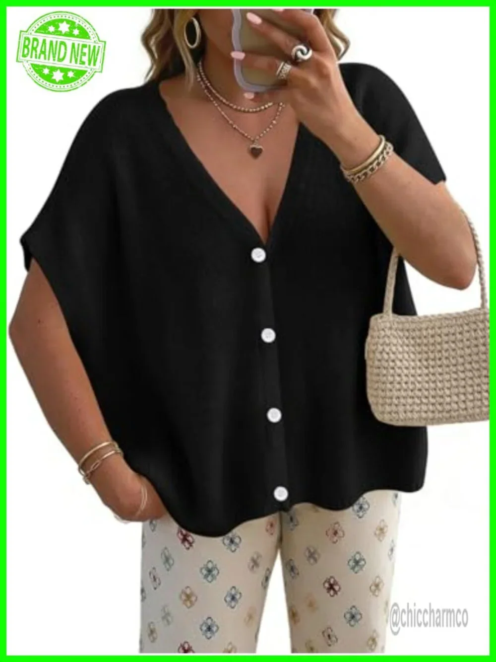 Oversized Short Sleeve Cardigan Lightweight V Neck Button Knit Sweater Beach